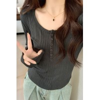 纯欲风U领长袖打底衫T恤女春秋辣妹修身别致内搭锁骨上衣