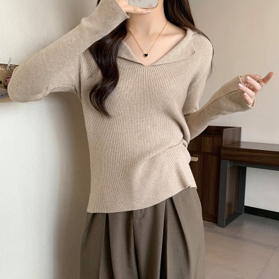 <!--高级感法式polo领针织打底衫女春秋修身显瘦v领气质上衣-->