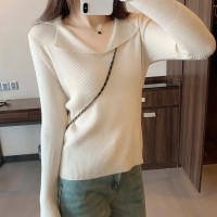 高级感法式polo领针织打底衫女春秋修身显瘦v领气质上衣