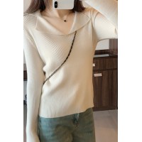 高级感法式polo领针织打底衫女春秋修身显瘦v领气质上衣
