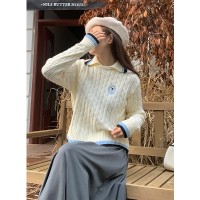 2024新款韩版学院风减龄刺绣气质翻领显瘦针织毛衣