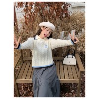 2024新款韩版学院风减龄刺绣气质翻领显瘦针织毛衣