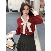 现货，2024新款雷丝蝴蝶结上衣春装