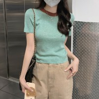 拼接圆领针织衫短袖女夏季2024新款撞色正肩别致小上衣
