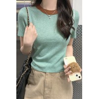 拼接圆领针织衫短袖女夏季2024新款撞色正肩别致小上衣