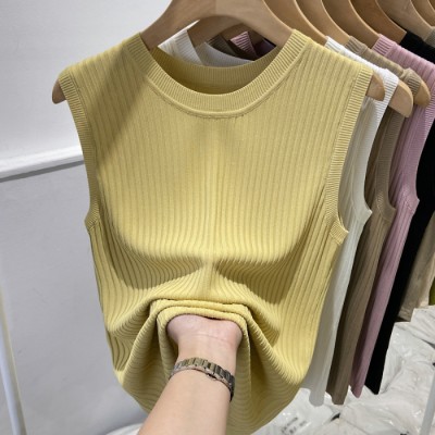 <!--美式圆领冰丝吊带背心女夏季内搭凉感无袖打底上衣外穿针织衫-->