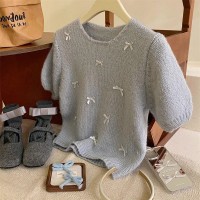 奶系少女温柔小蝴蝶结短袖毛衣女早春季甜美版型软糯针织小衫上衣