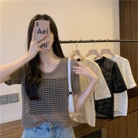 薄款镂空短袖针织衫女2024新款夏季设计感小众宽松短款别致上衣潮