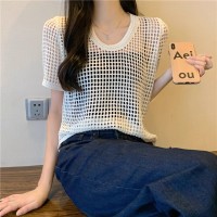 薄款镂空短袖针织衫女2024新款夏季设计感小众宽松短款别致上衣潮