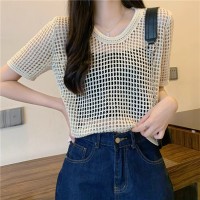 薄款镂空短袖针织衫女2024新款夏季设计感小众宽松短款别致上衣潮