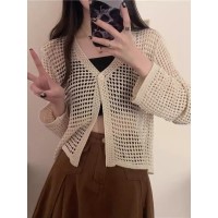 V领镂空设计感针织开衫女春夏防晒罩衫短款上衣长袖小披肩薄外套