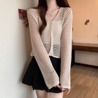 V领镂空设计感针织开衫女春夏防晒罩衫短款上衣长袖小披肩薄外套