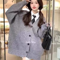慵懒风V领宽松学院风刺绣针织开衫长袖设计感小众上衣毛衣外套女