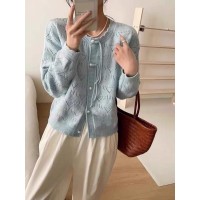 女式甜美气质长袖上衣圆领春秋开衫外套女2024新款镂空宽松针织衫