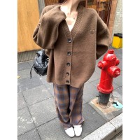 爱心刺绣V领毛衣外套女2024春季新款宽松休闲针织开衫中长款上衣