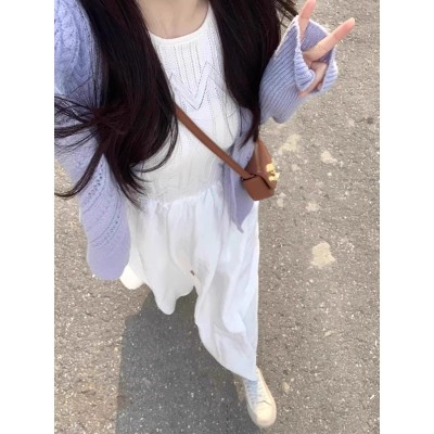 <!--紫色镂空毛衣薄款开衫外套女2024春夏温柔风气质马海毛针织衫上衣-->