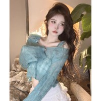 2024年早春新款纯欲V领露肩上衣女韩系辣妹性感长袖马海毛针织衫