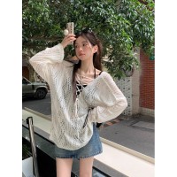 白色镂空抽绳绑带v领防晒针织衫女夏季早秋冰丝薄款空调罩衫上衣