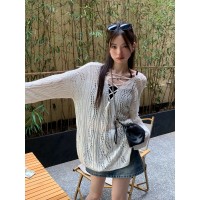 白色镂空抽绳绑带v领防晒针织衫女夏季早秋冰丝薄款空调罩衫上衣