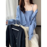 辣妹温柔毛衣女春秋2024新款短款上衣针织开衫外套叠穿吊带两件套