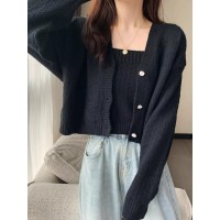 辣妹温柔毛衣女春秋2024新款短款上衣针织开衫外套叠穿吊带两件套