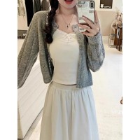 韩系穿搭小个子镂空短款针织开衫女2024早春季超好看软糯薄款上衣