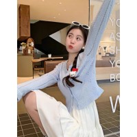 韩系穿搭小个子镂空短款针织开衫女2024早春季超好看软糯薄款上衣