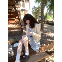 PtonUmi海盐巴斯克杏色短款针织开衫毛衣女早春v领蝴蝶结长袖上衣