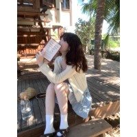 PtonUmi海盐巴斯克杏色短款针织开衫毛衣女早春v领蝴蝶结长袖上衣