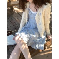 PtonUmi海盐巴斯克杏色短款针织开衫毛衣女早春v领蝴蝶结长袖上衣