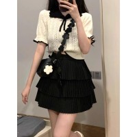 少女感精致翻领短款钩花撞色减龄气质白色小香风针织短袖t恤上衣