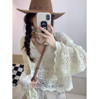 2024短款镂空针织罩衫女春夏v领防晒衣薄款宽松长袖外搭别致上衣