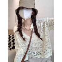 2024短款镂空针织罩衫女春夏v领防晒衣薄款宽松长袖外搭别致上衣
