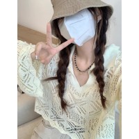 2024短款镂空针织罩衫女春夏v领防晒衣薄款宽松长袖外搭别致上衣