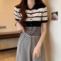 2024春新款条纹polo领短袖针织t恤女夏设计感正肩修身上衣
