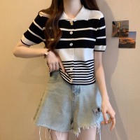2024春新款条纹polo领短袖针织t恤女夏设计感正肩修身上衣