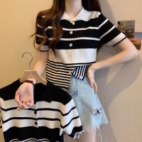 2024春新款条纹polo领短袖针织t恤女夏设计感正肩修身上衣