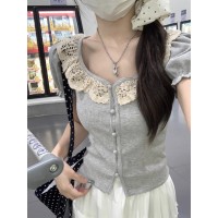 法式甜美蕾丝拼接泡泡袖T恤女2024夏季修身减龄灰色短袖短款上衣