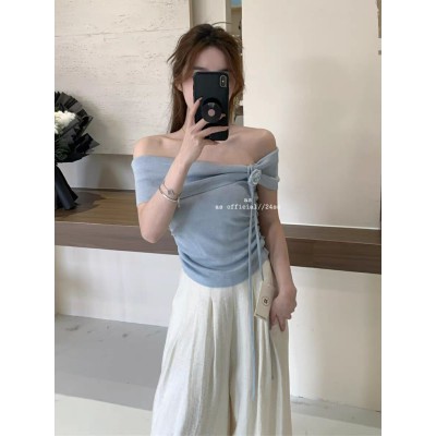 <!--纯欲风辣妹编织玫瑰一字肩短袖t恤女夏季设计感掐腰显瘦针织上衣-->