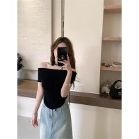 纯欲风辣妹编织玫瑰一字肩短袖t恤女夏季设计感掐腰显瘦针织上衣