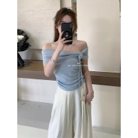 纯欲风辣妹编织玫瑰一字肩短袖t恤女夏季设计感掐腰显瘦针织上衣