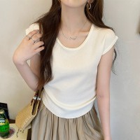 针织衫短袖女2024夏季新款正肩无袖t恤外搭薄款冰丝设计感上衣