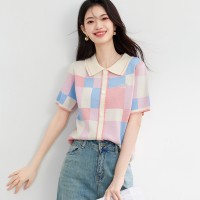 马卡龙方格2024年夏季新品甜美彩色撞色翻领刺绣针织衫