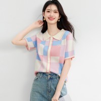 马卡龙方格2024年夏季新品甜美彩色撞色翻领刺绣针织衫