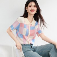 马卡龙方格2024年夏季新品甜美彩色撞色翻领刺绣针织衫