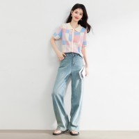马卡龙方格2024年夏季新品甜美彩色撞色翻领刺绣针织衫