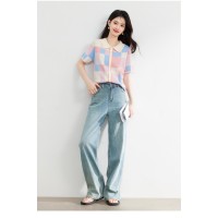 马卡龙方格2024年夏季新品甜美彩色撞色翻领刺绣针织衫