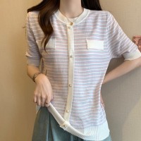 2024夏新款小香风针织圆领撞色薄款冰丝T恤