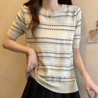 2024夏新款撞色圆领针织衫薄款冰丝T恤女