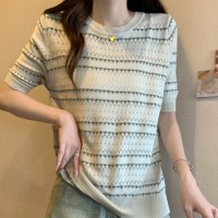 2024夏新款撞色圆领针织衫薄款冰丝T恤女